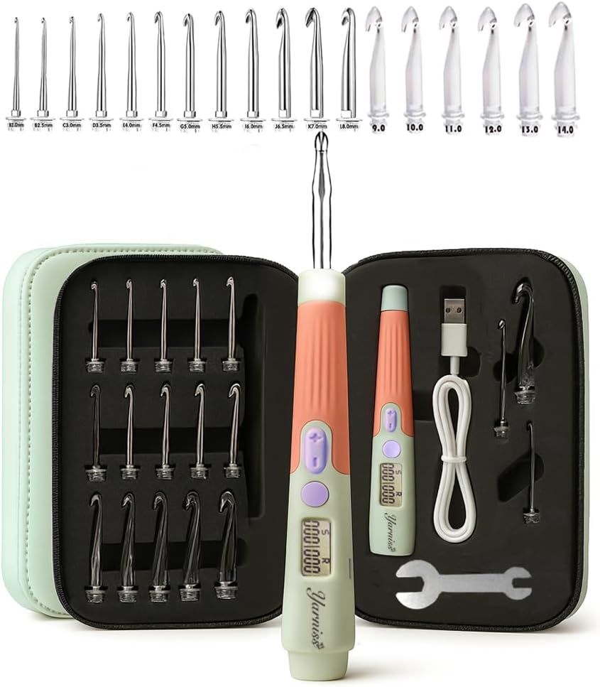 Yarniss Digital Counting Crochet Hooks Set with LED Light – 18-Piece Interlocking Kit (2.0mm-14.0mm) – USB Rechargeable Ergonomic Handles with Row & Stitch Counter