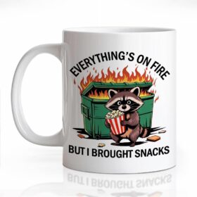 Funny 'Everything's On Fire But I Brought Snacks' Ceramic Coffee Mug – Novelty Raccoon Dumpster Fire Humor Gift for Nurses, Coworkers & Best Friends