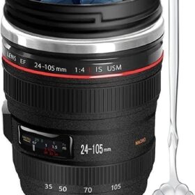 Camera Lens Coffee Mug – Insulated Stainless Steel Travel Cup with Clover Spoon – Funny Gifts for Photographers, Videographers & Photography Lovers