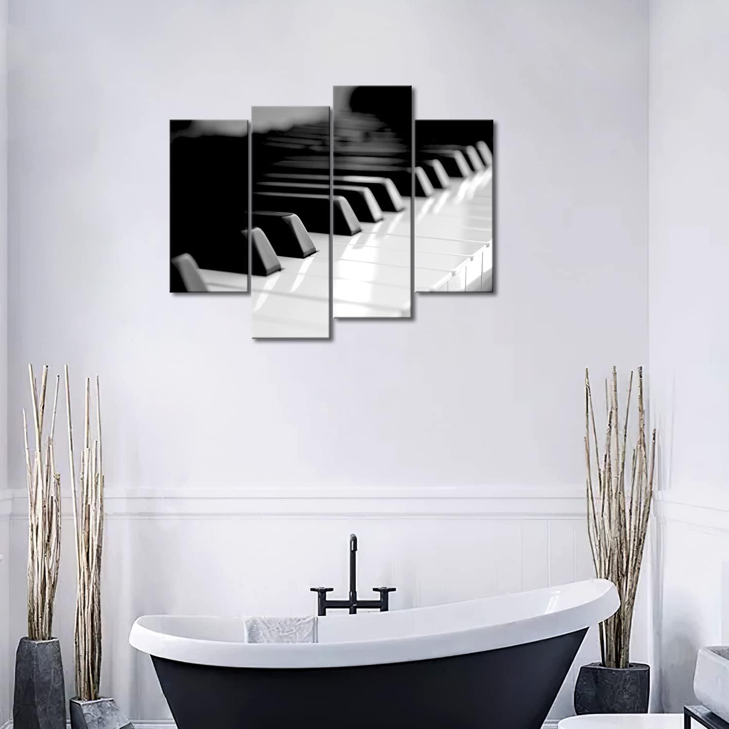 Melody in Monochrome: Black & White Piano Keyboard Canvas Wall Art - 4 Panel Modern Home Decor