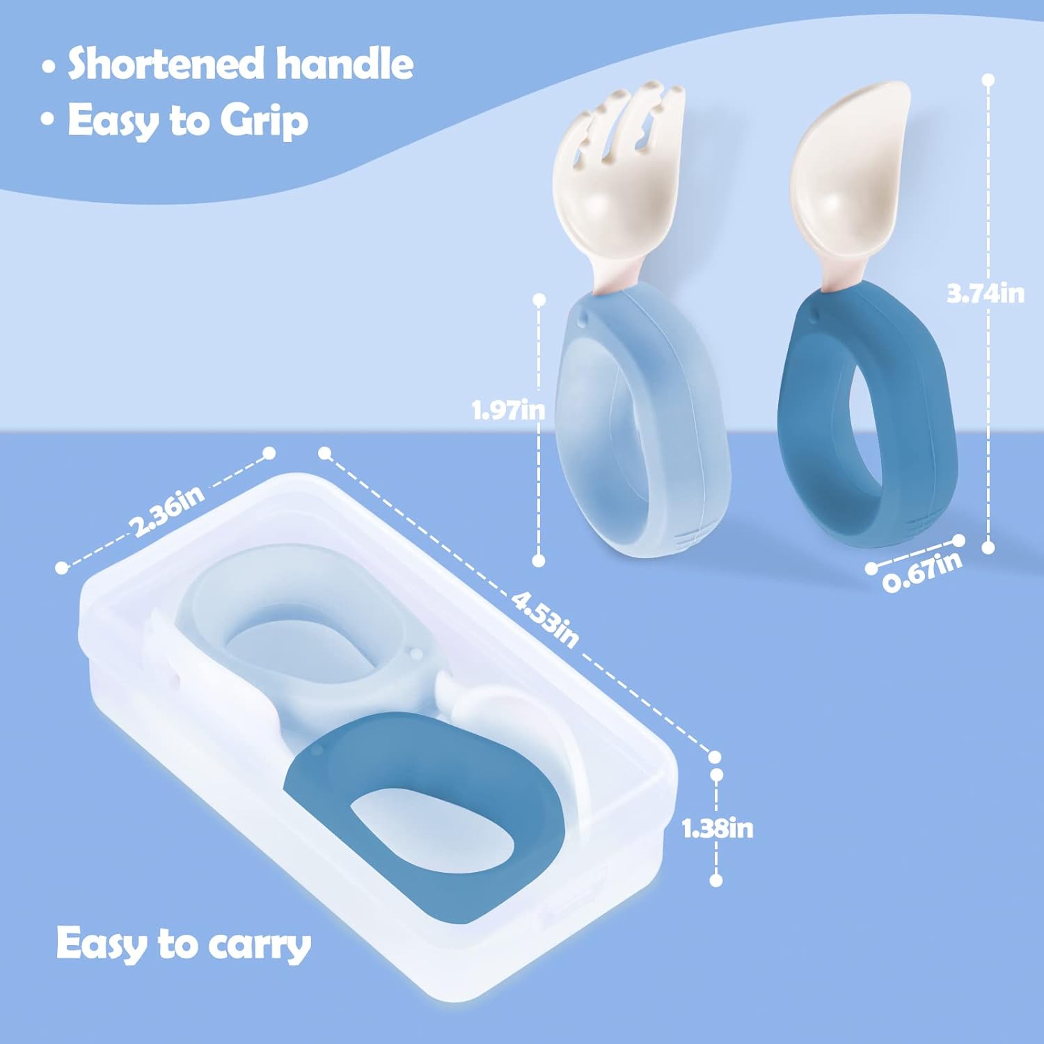 HIWOOD Baby Self-Feeding Utensils - BPA-Free Silicone Spoon & Fork Set with Ergonomic Circle Handles & Travel Case for Toddlers (Blue & Light Blue)