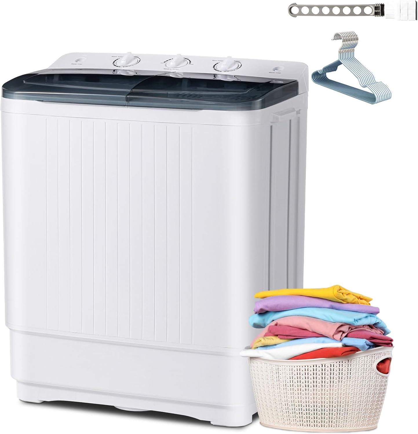 Compact Twin Tub Washing Machine, 32 lbs Total Capacity (20 lbs Washer / 12 lbs Spinner) with Drying Rack & 10 Hangers - Portable Laundry Washer for Apartments, Dorms & RVs