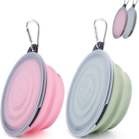 SLSON Collapsible Travel Bowls for Dogs and Cats - Portable, Foldable Pet Food & Water Dishes with Lids & Carabiner (Fairy Pink & Sprout Green)