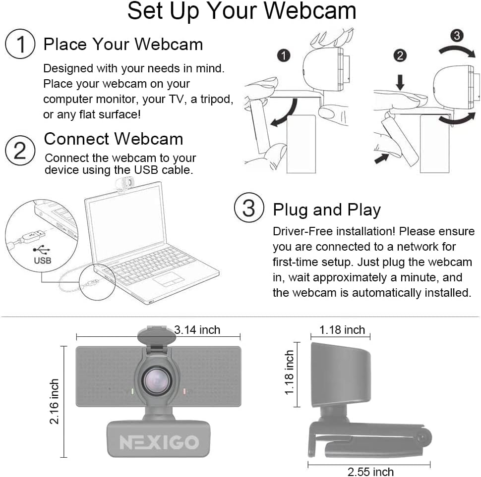 NexiGo N60 1080P Webcam – HD USB Computer Camera with Built-in Noise-Cancelling Microphone, Privacy Cover & Plug-and-Play Setup for Video Conferencing, Streaming, and Remote Work