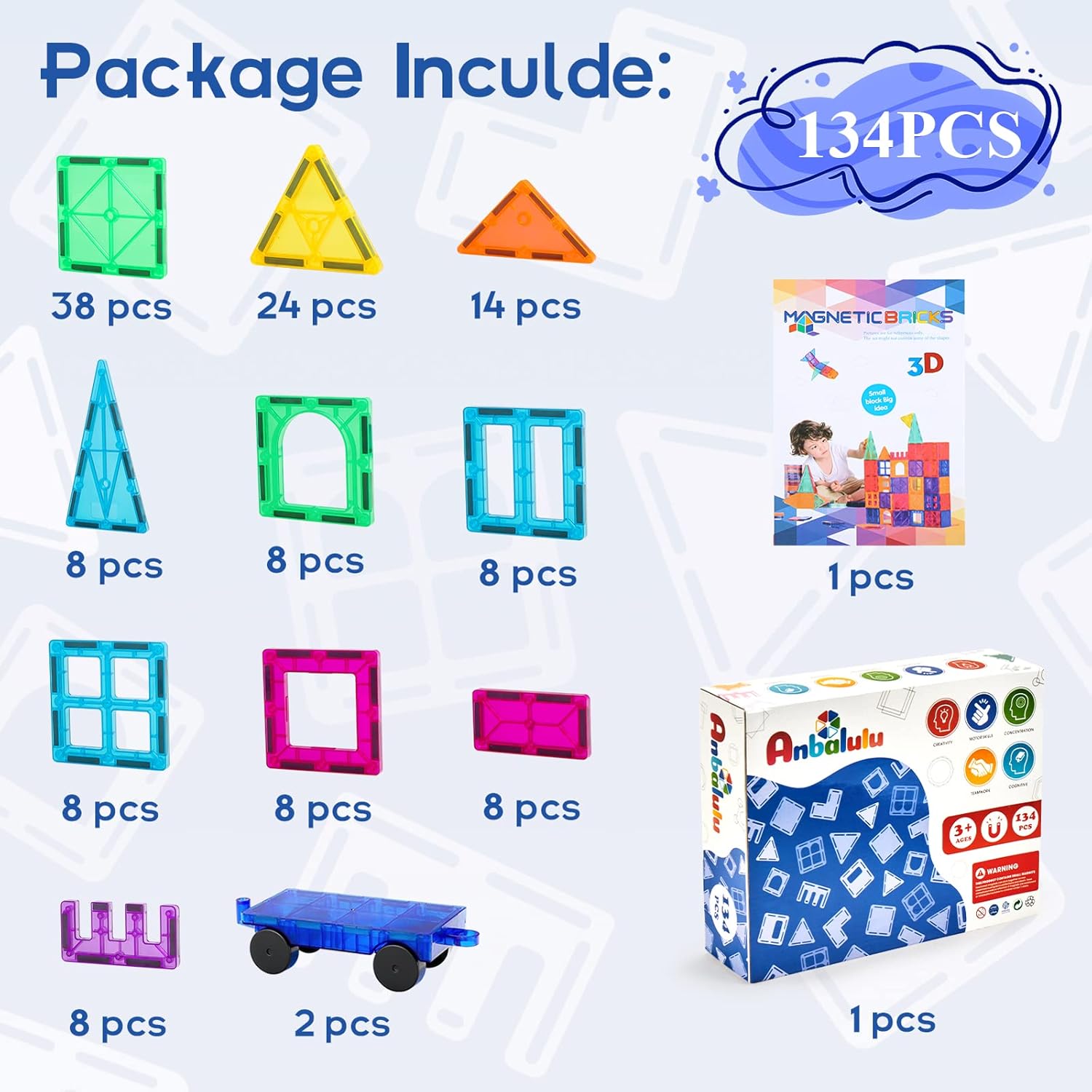 134-Piece Magnetic Building Tiles Set – Large 3D STEM Stacking Blocks with 2 Cars & Idea Book