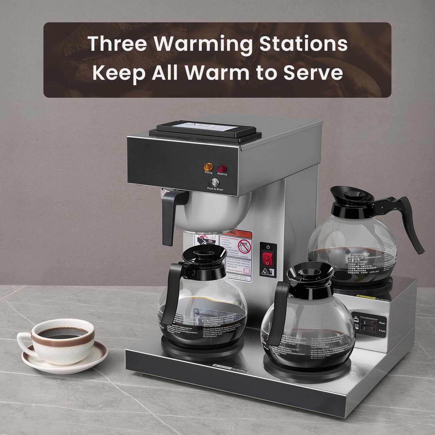 SYBO 12-Cup Commercial Pour Over Coffee Maker with 3 Warmers and 3 Decanters - Stainless Steel Drip Brewer