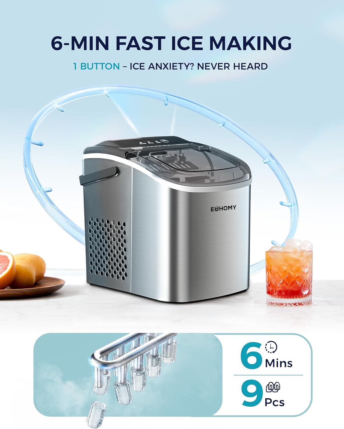 EUHOMY Ice Maker Machine for Countertop - 26lbs in 24Hrs, Portable Bullet Ice Maker with Self-Cleaning Function, LCD Digital Display, Ice Scoop & Basket, Perfect for Home, Kitchen, and Bar