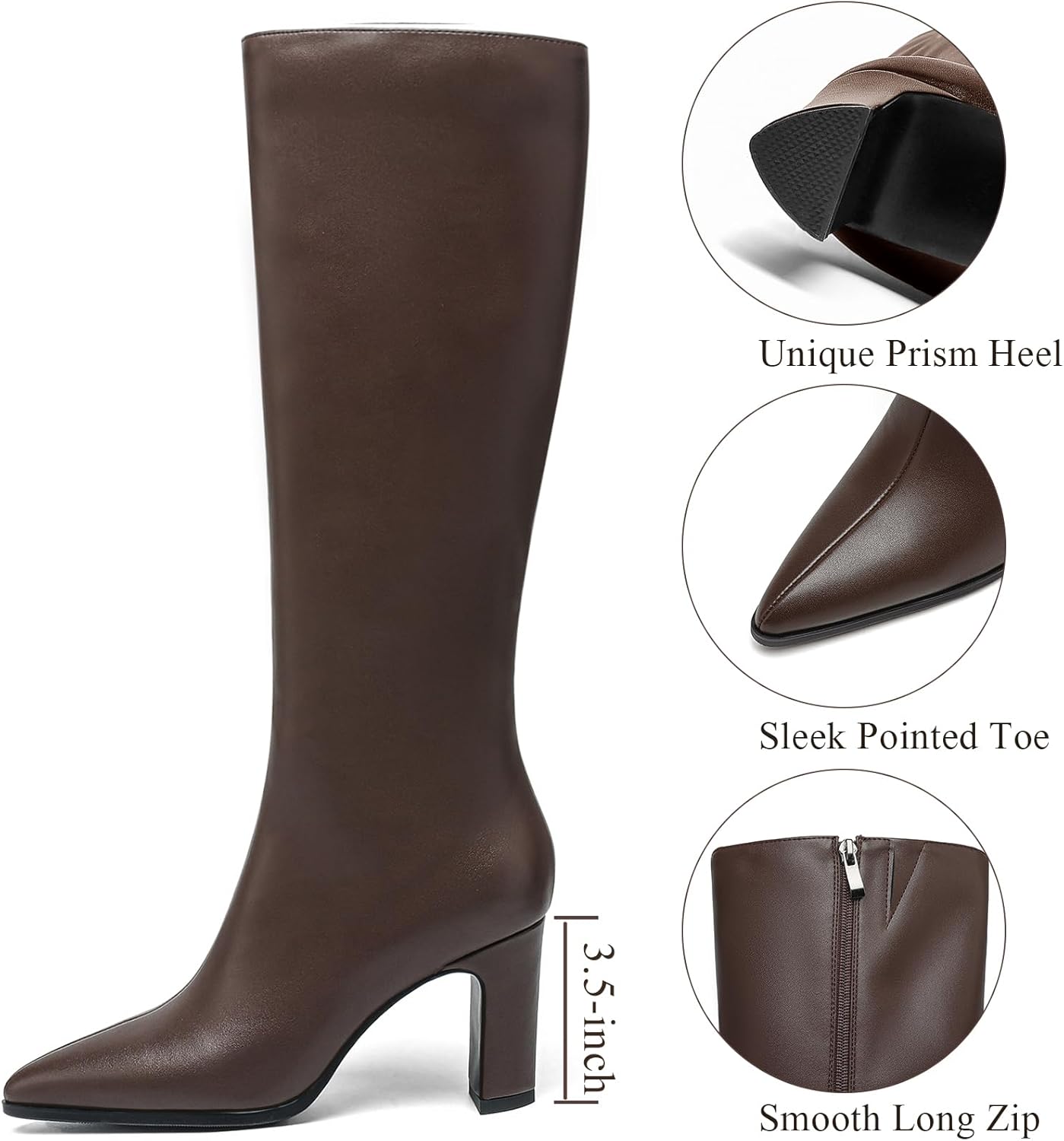 Women's Chunky Heel Knee High Boots - Pointed Toe Wide Calf Side Zipper Faux Leather Tall Dress Shoes for Fall & Winter