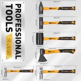 ELEAD 6-Piece Heavy-Duty Hammer Set with Fiberglass Handles &ndash; Includes 32oz Rubber Mallet, 16oz & 32oz Ball Peen, 3LB Sledge, Cross Peen, and 600g Wood Splitting Axe for Automotive, Metalwork, and Woodworking