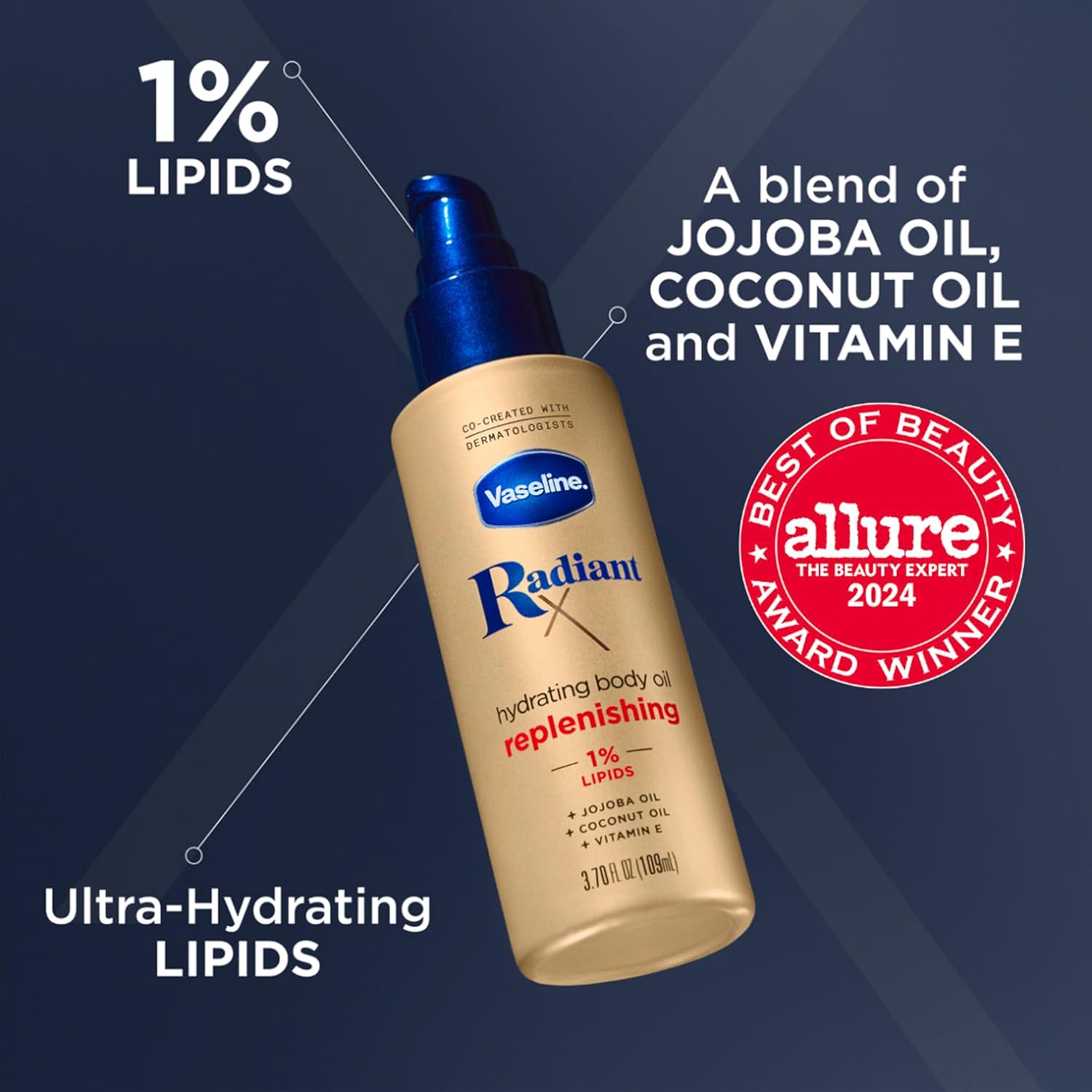 Vaseline Radiant X Replenishing Body Oil with 1% Lipids – Fast-Absorbing Glow Treatment for Dry Skin with Jojoba, Coconut Oil & Vitamin E (3.7 oz)