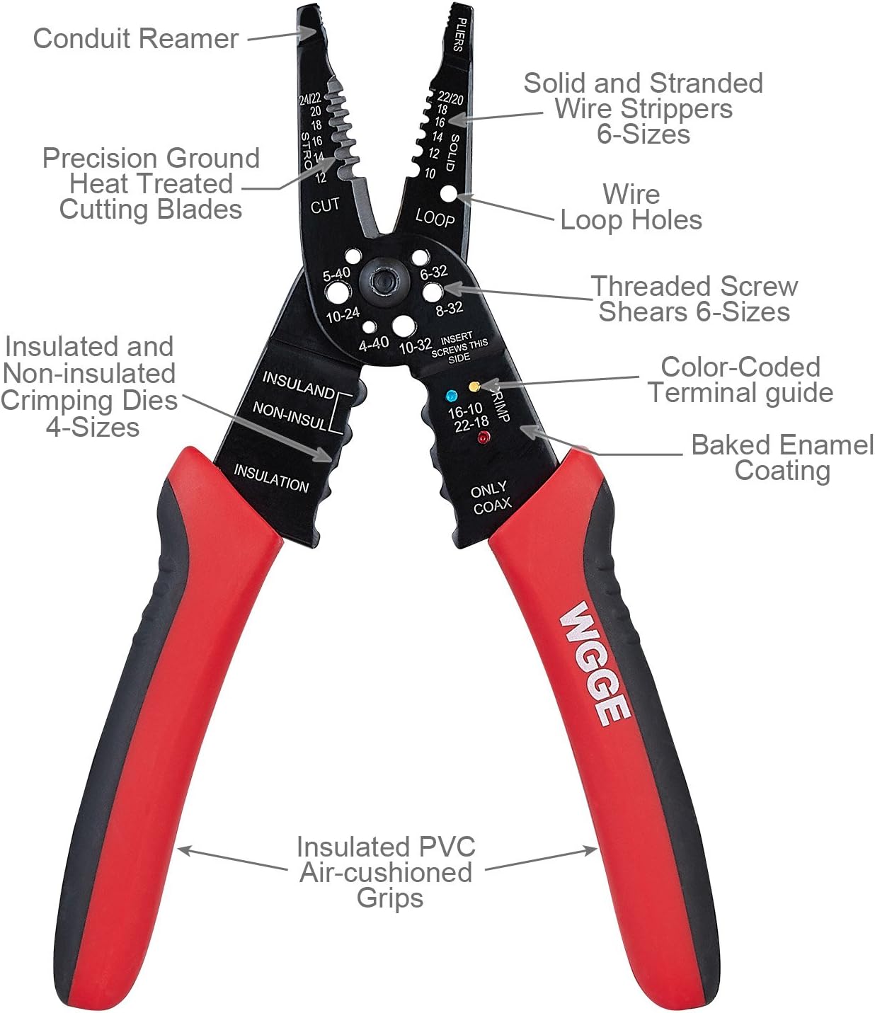 WGGE WG-015 Professional 8-Inch Self-Adjusting Wire Stripper, Crimping Tool, and Cable Cutter - High Carbon Alloy Steel with Ergonomic Non-Slip Grip