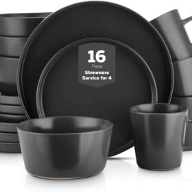 Stone Lain Celina 16-Piece Black Matte Stoneware Dinnerware Set – Modern Dishes Service for 4, Microwave & Dishwasher Safe