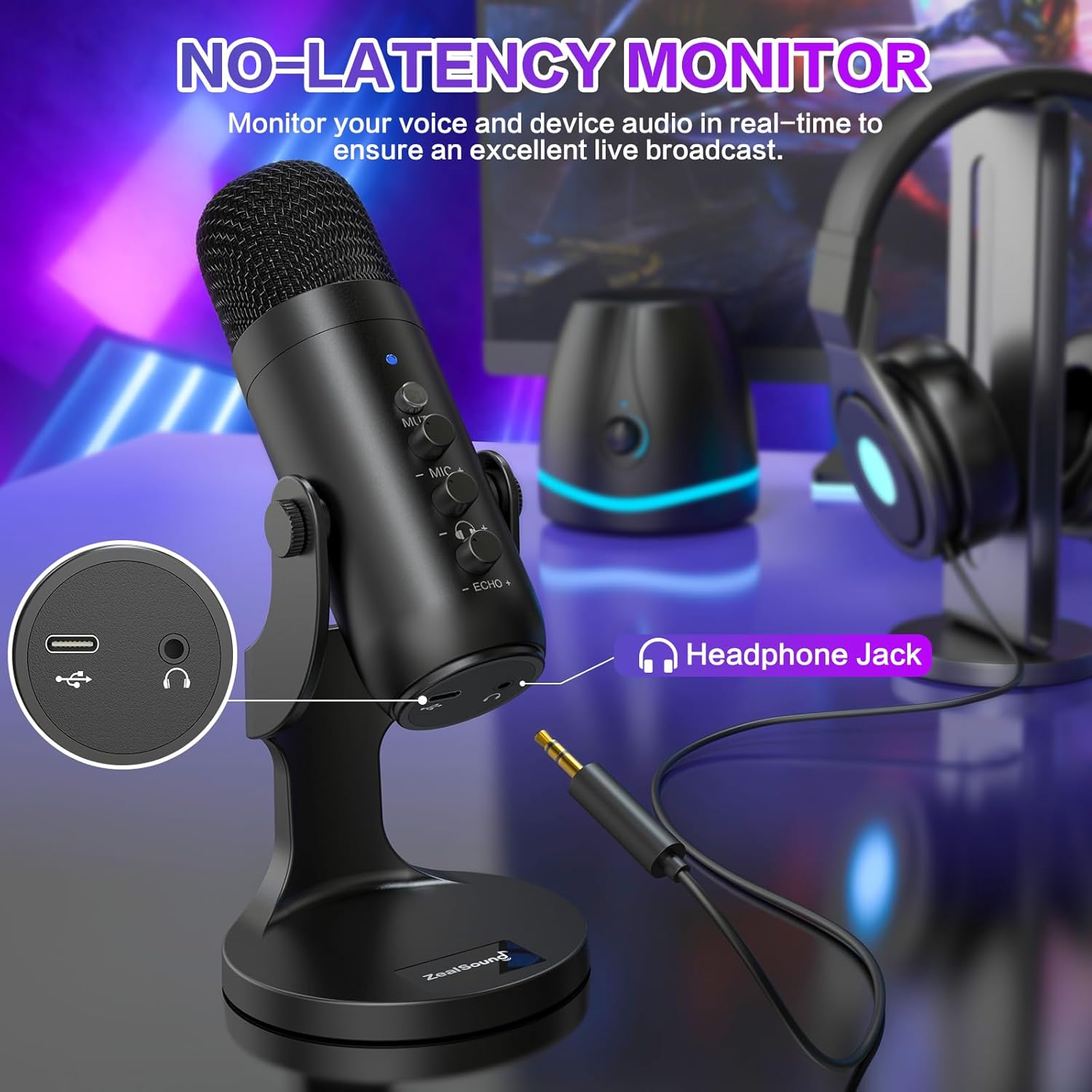 ZealSound Professional USB Microphone for PC & Streaming - Studio-Grade Podcast Mic with Noise Cancellation, Real-Time Monitoring, and Mobile Adapter Kit for Gaming, Recording, and Content Creation