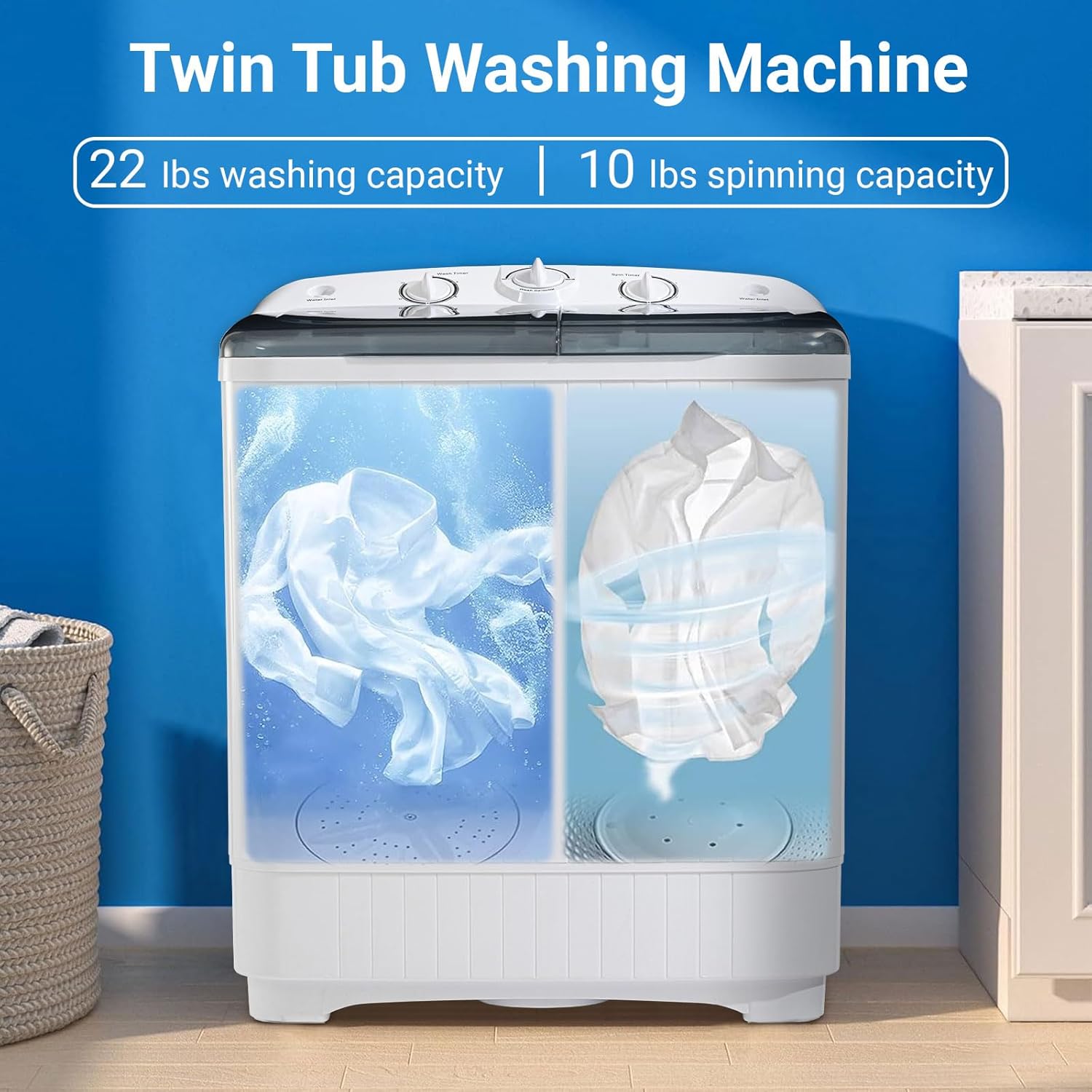 Compact Twin Tub Washing Machine, 32 lbs Total Capacity (20 lbs Washer / 12 lbs Spinner) with Drying Rack & 10 Hangers - Portable Laundry Washer for Apartments, Dorms & RVs