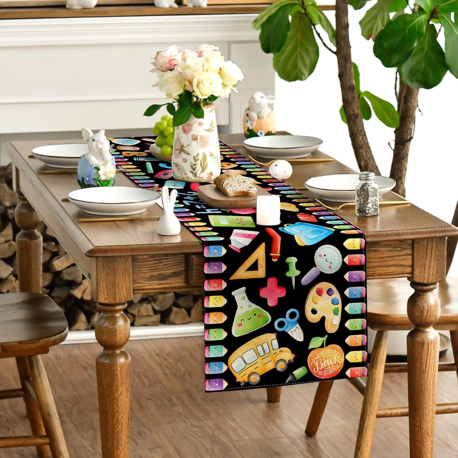 Back to School Table Runner - First Day of School Decorations, Reusable Linen Tablecloth with School Bus & Apple Design for Classroom, Home & Parties (13 x 72 Inches)