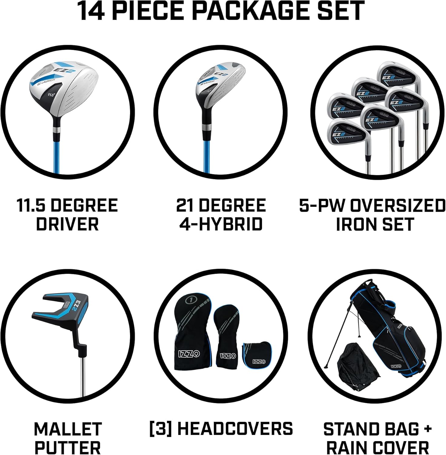IZZO Golf EZ2 14-Piece Complete Men's Right Handed Golf Club Set with Stand Bag & Putter