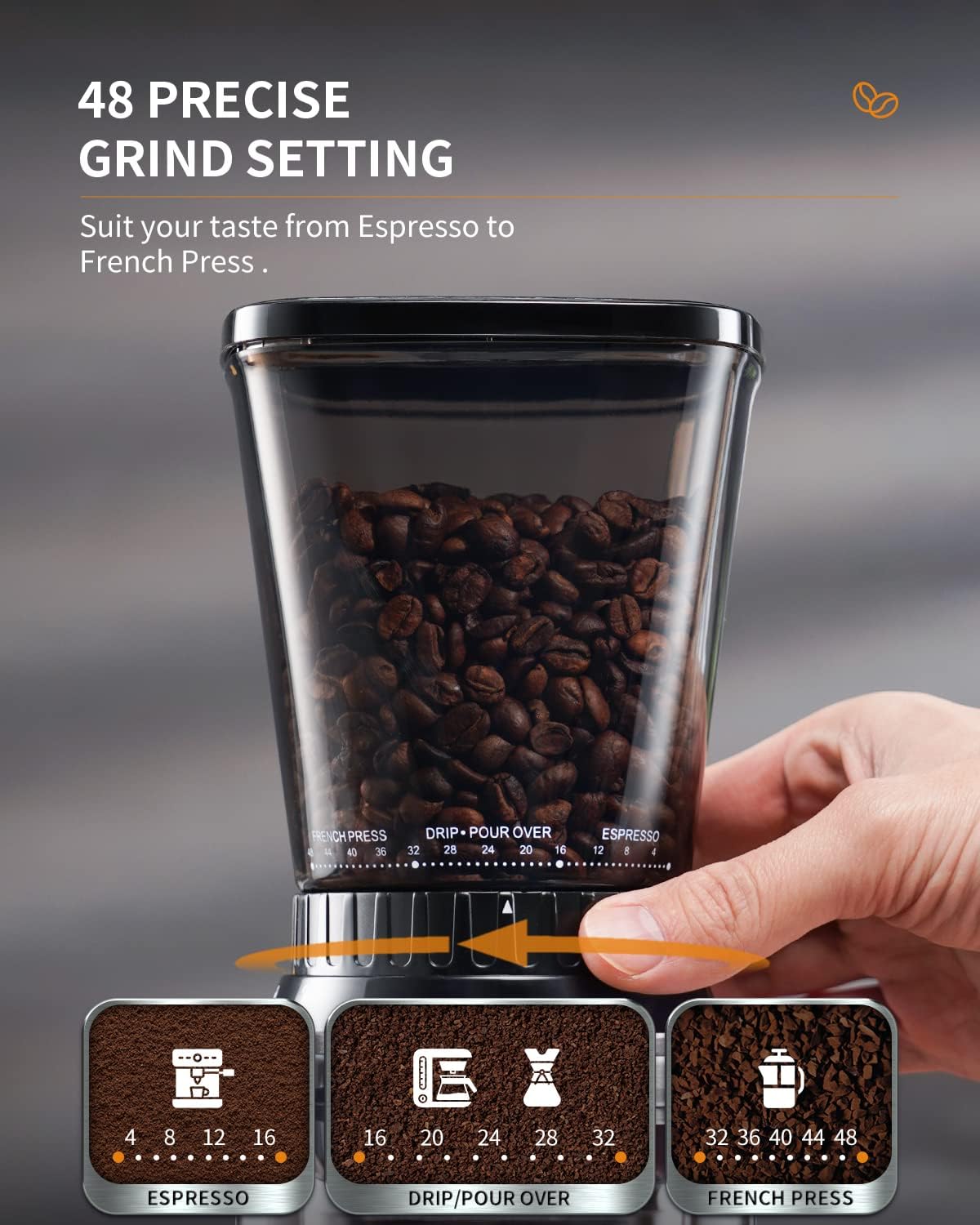 SHARDOR Conical Burr Coffee Grinder - 48 Precision Settings with Anti-Static Technology, Electric Espresso Grinder with Timer & Stainless Steel Burr for Drip & French Press