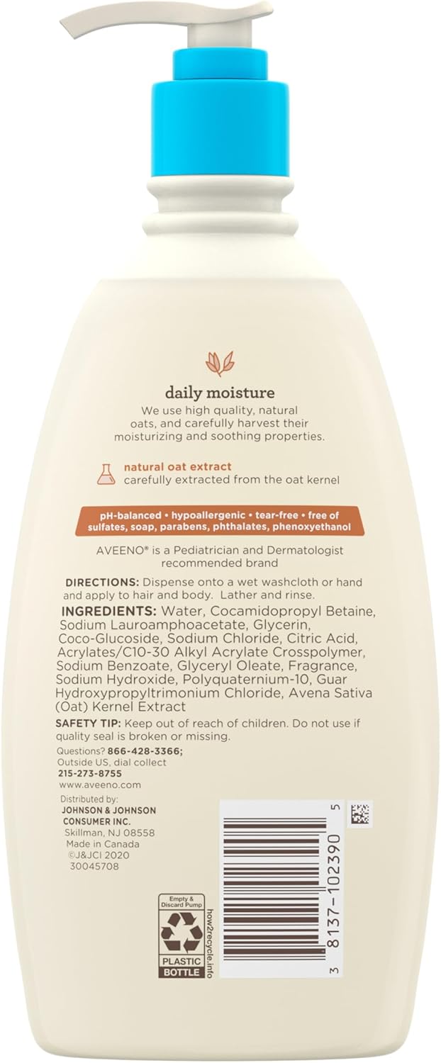 Aveeno Baby Daily Moisture Gentle Body Wash & Shampoo with Natural Oat Extract – 2-in-1 Tear-Free Formula for Sensitive Skin & Hair, 18 fl oz