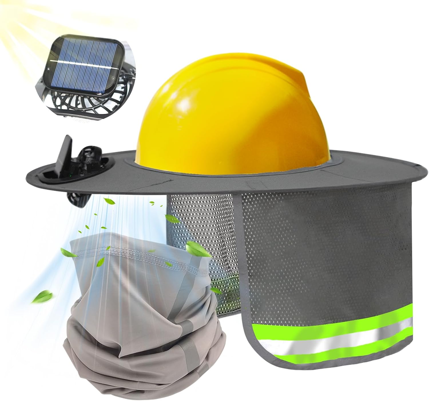 Solar Powered Hard Hat Fan with Sun Shade and Face Shield - Breathable Mesh Cooling Visor with Neck Protection for Construction, Fishing & Landscaping