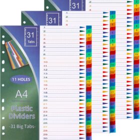 A4 Plastic Binder Dividers (3 Sets, 93 Total) – 1-31 Numbered Multicolor Index Tabs for 2, 3, and 4 Ring Binders