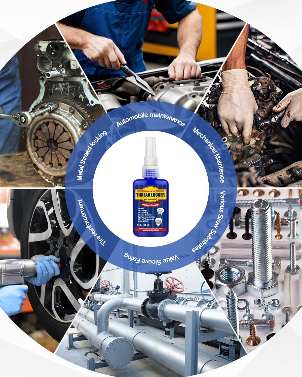 50ml Medium Strength Blue Threadlocker – Removable Anaerobic Thread Locking Glue for Bolts, Nuts & Fasteners – Vibration, Heat & Corrosion Resistant Automotive Sealant