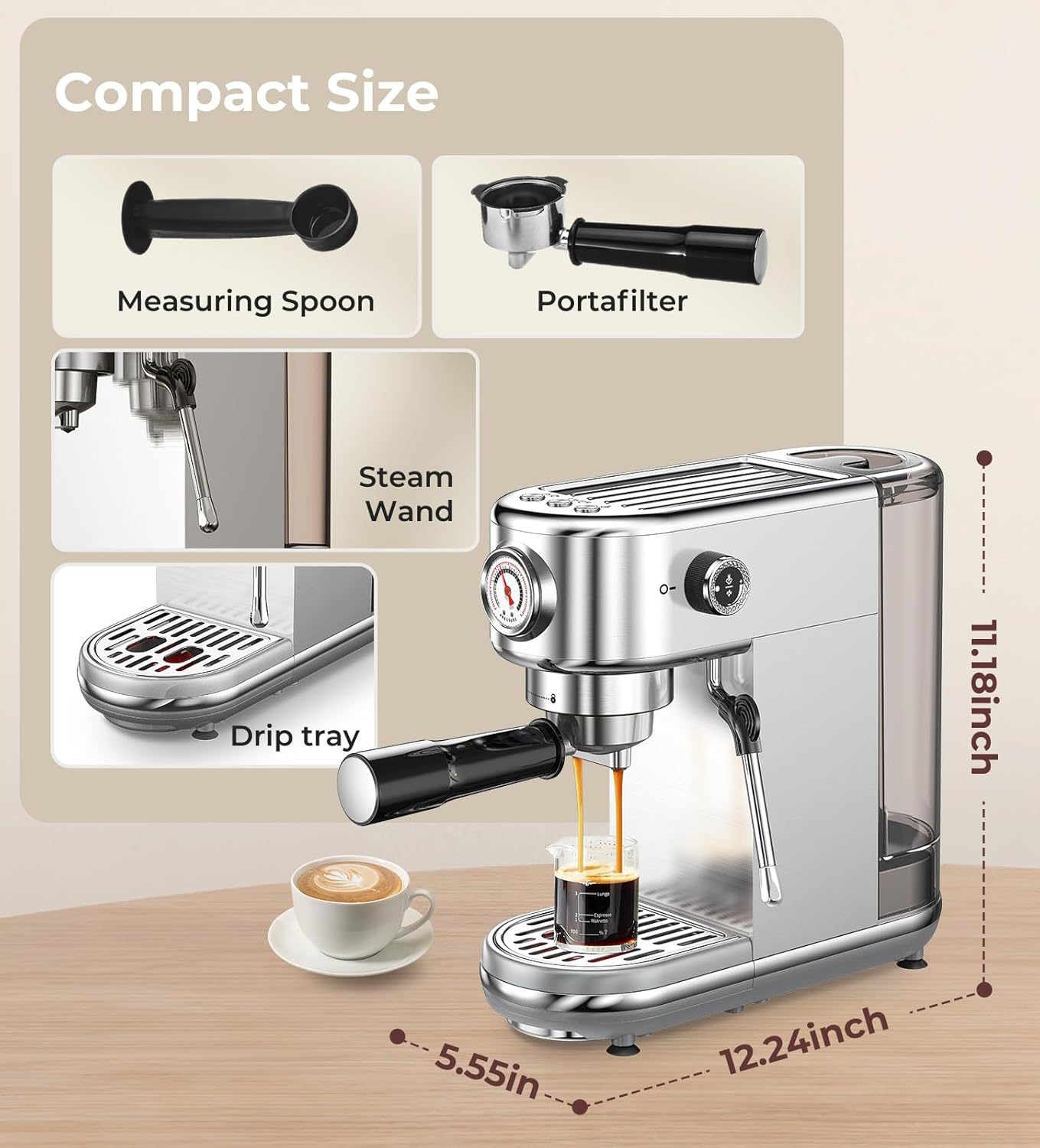 20 Bar Espresso Machine with Milk Frother – Stainless Steel Coffee Maker with 44oz Water Tank, Professional Steam Wand, Compact Home Espresso Maker for Lattes, Cappuccinos & Mocha