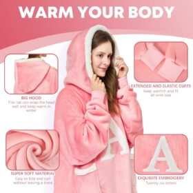 Personalized Wearable Blanket Hoodie for Women – Oversized Sherpa Fleece Hoodie with Custom Letter for Birthday, Valentine’s Day & Christmas Gifts