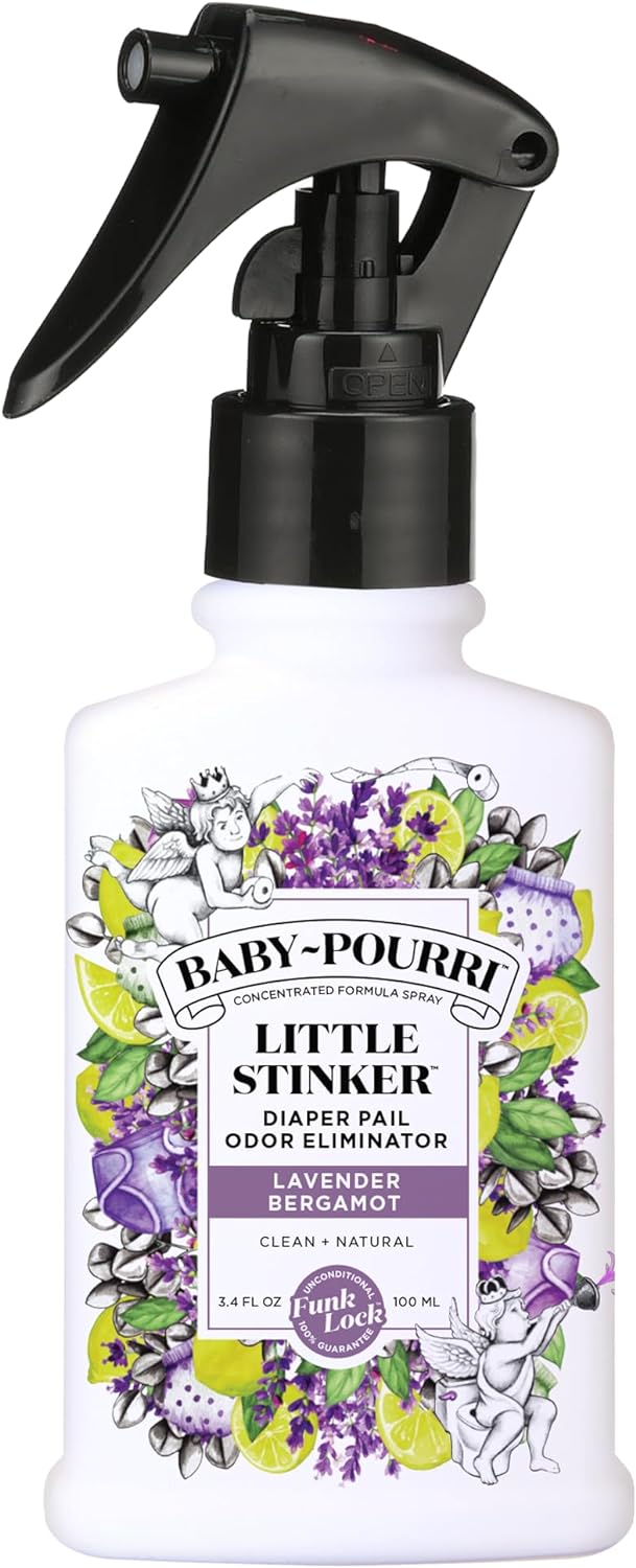 Baby-Pourri Little Stinker Nursery Odor Eliminator Spray – 3.4 Fl Oz Diaper Pail Deodorizer with Essential Oils (Lavender, Vanilla & Bergamot) – Up to 150 Uses