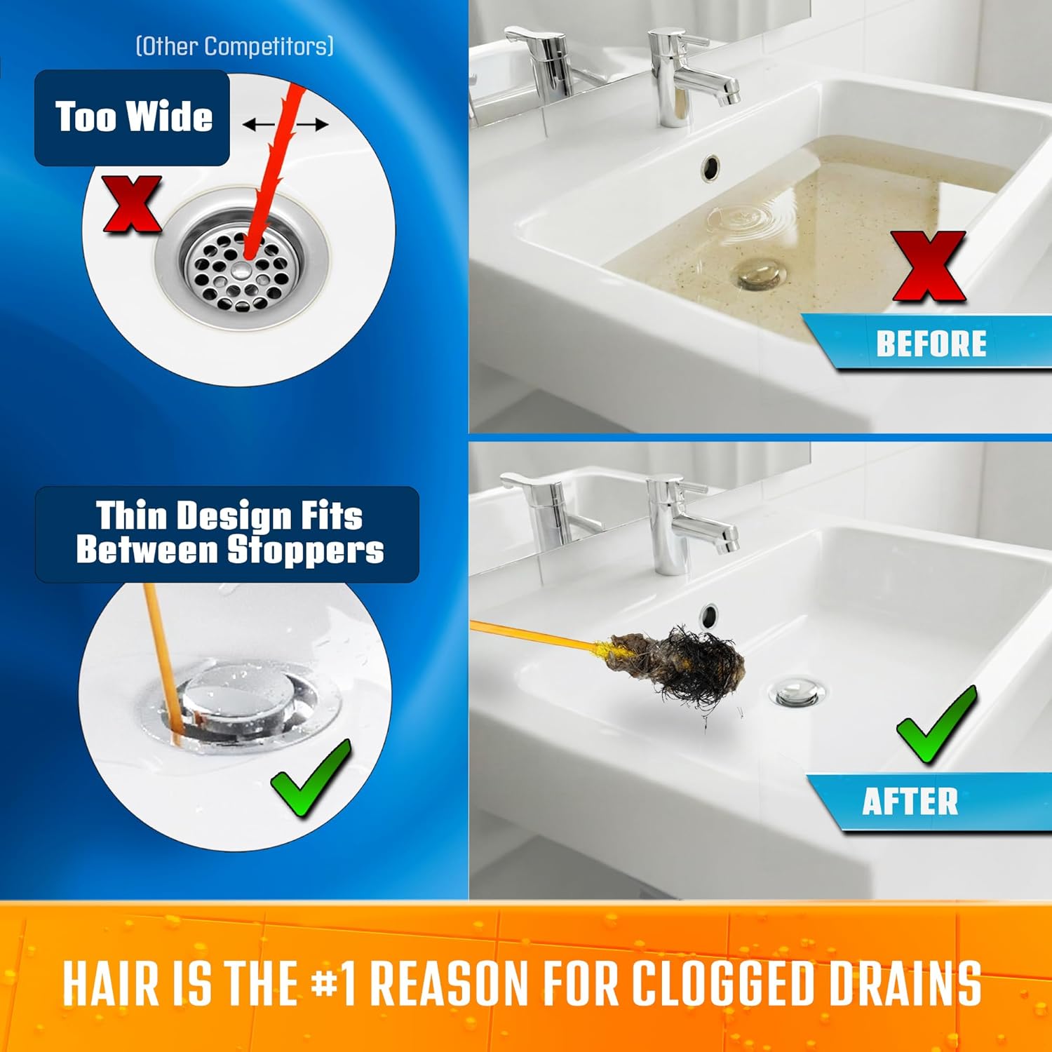 FlexiSnake Drain Weasel Hair Clog Remover – 18-Inch Sink & Bathtub Cleaner Tool with 5 Refill Wands & Quick-Connect Handle – Made in USA