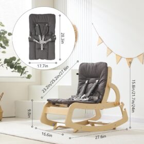 3-in-1 Convertible Baby Bouncer Rocker – Ergonomic Wooden Baby Chair with Adjustable Recline, Safety Harness & Machine-Washable Cotton Cushion – Natural Birch Design for Infants to Toddlers (Grey)