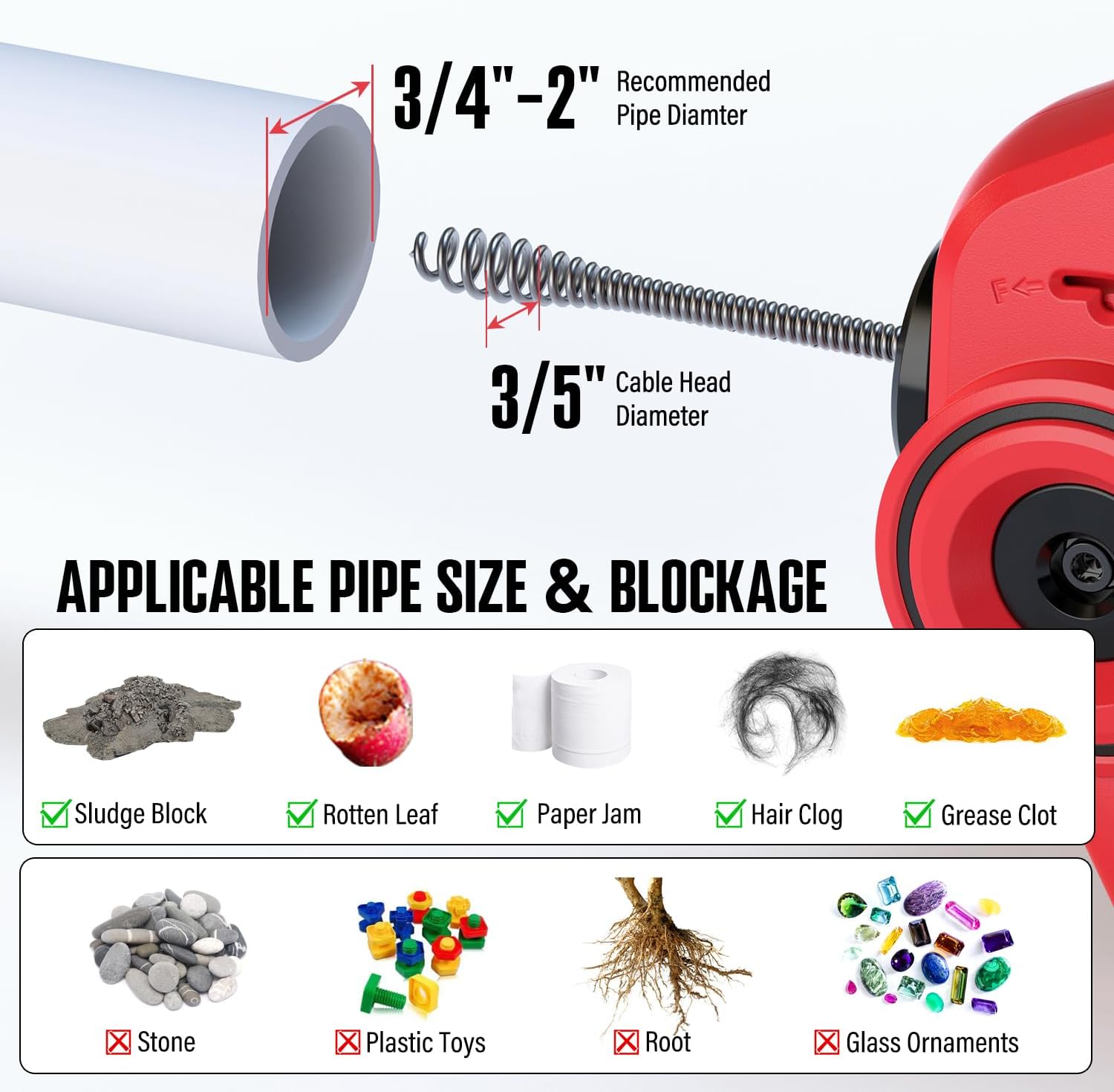 POPULO 20V Cordless Drain Auger with 25Ft Auto-Feed Cable, 2.0Ah Battery & LED Light - Professional Plumbing Snake for Kitchen, Bath & Shower Clogs (3/4"-2")