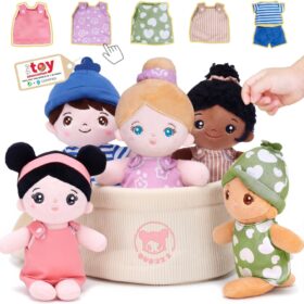 OUOZZZ Soft Baby Dolls Set of 5 – 8.8" Multicultural Plush Toys with Basket, Mix-and-Match Clothes for Toddlers & Preschool Diversity Learning