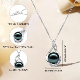 FANCIME Tahitian Pearl Necklace for Women - Real 10-12mm Black Ocean Pearl Pendant in Sterling Silver - Luxury Pearl Jewelry Gift for Wife, Mom & Her