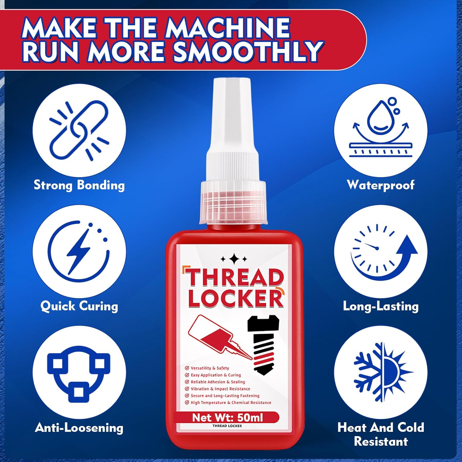 Dual Strength Threadlocker Set (50ml) – Blue Medium & Red High Strength Thread Lock Adhesive for Nuts, Bolts, and Fasteners – Resistant to Vibration, Leakage, and Corrosion