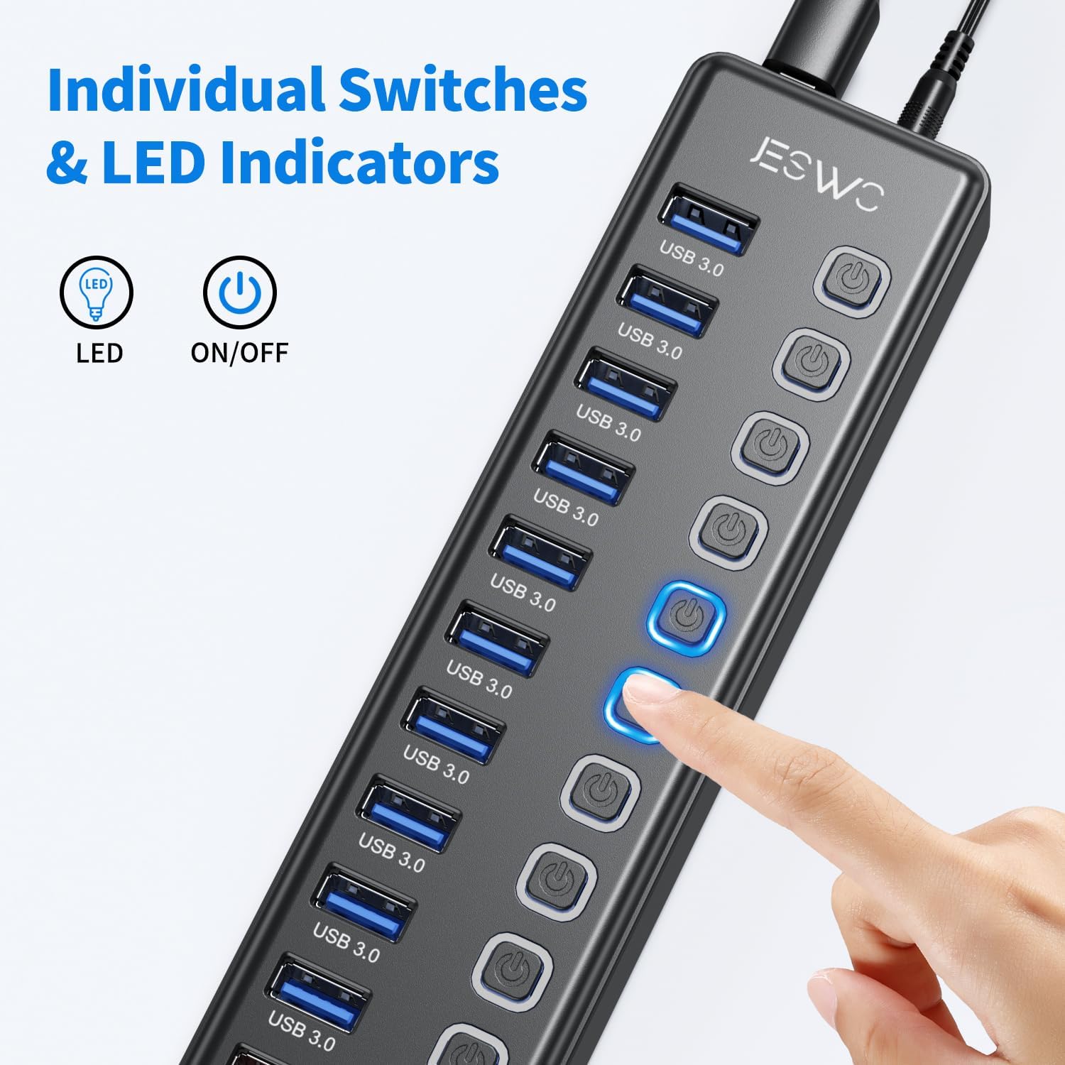 JESWO 11-Port USB 3.0 Hub with 36W Power Adapter – 10 Data Ports & 1 Smart Charging Port with Individual On/Off Switches and 5Gbps High-Speed Data Transfer for PC, Laptop, Mac