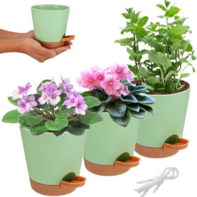 Self-Watering Plant Pots for Indoor Plants – 5 Inch Set of 3 with Bottom Watering Design, Ideal for African Violets, Herbs, Succulents, and Snake Plants (Green & Light Brown)