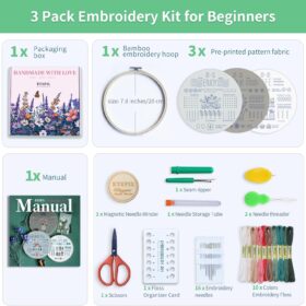 ETSPIL 3-Pack Embroidery Starter Kit for Beginners – Pre-Stamped Floral Patterns, 7.8” Hoop, Floss, Needles & Tutorials – DIY Needlework Craft Gift for Women