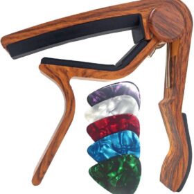 WINGO Rosewood Guitar Capo for Acoustic & Electric Guitars - Quick Release High-Clamp Steel Spring with 5 Medium Picks Included