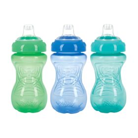 Nuby 3-Pack No-Spill Toddler Sippy Cups with Soft Silicone Spouts - Easy Grip, BPA Free - Blue, Aqua, Green