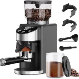 Gevi Electric Burr Coffee Grinder with 35 Precision Settings, Anti-Static Conical Burr Mill for Espresso, Drip & French Press, Includes Portafilter Holder, 240g Capacity, Matte Black