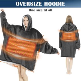 Homemate Oversized Heated Blanket Hoodie with Battery Pack - 7.4V Cordless Electric Wearable Blanket with 3 Heat Settings - Unisex Warm Sherpa Fleece Heating Robe for Indoor & Outdoor (Grey)