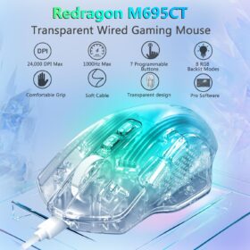 Redragon M695CT Clear Transparent Gaming Mouse – 24K DPI Optical Sensor, 7 Programmable Buttons, 8 RGB Backlit Modes, Ergonomic Wired Design for PC/Mac/Xbox