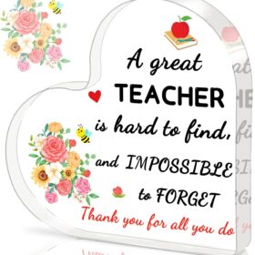 Teacher Appreciation Gifts - Heart Shaped Acrylic Plaque with Stand - Best Retirement, End of Year, Birthday & Thank You Present for Men & Women Educators (4 x 4 Inch)