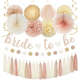 Champagne Gold & Beige Boho Bridal Shower Decorations Kit - 36pcs Fall Bachelorette Party Supplies with Bride to Be Banner, Paper Lanterns, Tissue Pom Poms, Tassel Garland & Fans