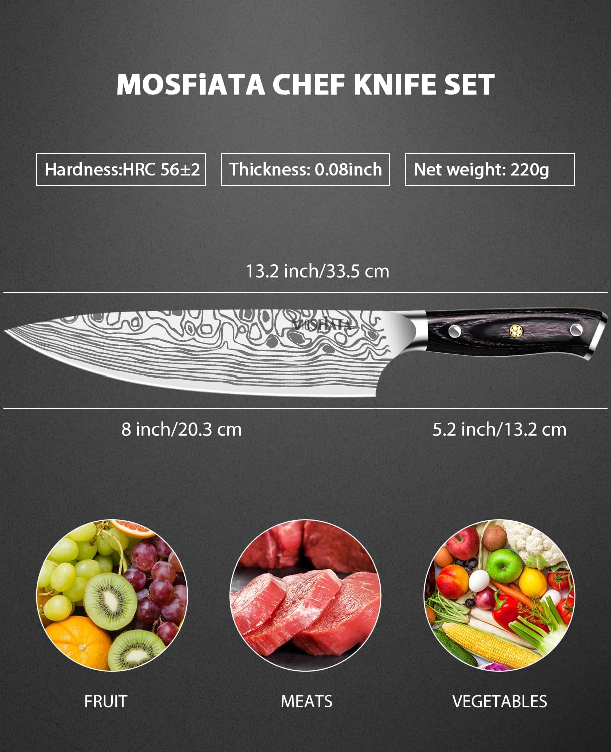 MOSFiATA 8 Inch Pro Chef Knife - German High Carbon Stainless Steel Kitchen Knife with Razor Sharp Edge, Full Tang Micarta Handle, Finger Guard, Sharpener & Premium Gift Box