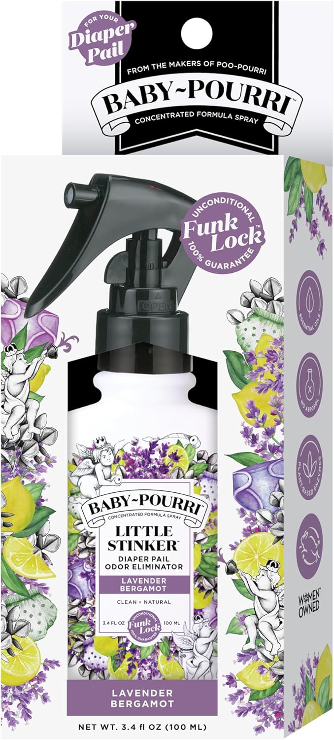 Baby-Pourri Little Stinker Nursery Odor Eliminator Spray – 3.4 Fl Oz Diaper Pail Deodorizer with Essential Oils (Lavender, Vanilla & Bergamot) – Up to 150 Uses