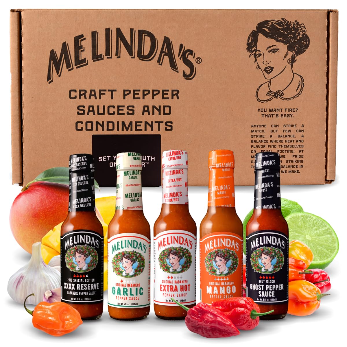 Melinda's Hot Sauce Variety Pack - 5 Bottle Gourmet Gift Set featuring Ghost Pepper, Habanero & Mango Flavors