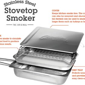 Camerons Original Stovetop Smoker - Stainless Steel Indoor Outdoor Smoking Box Set with Oak, Apple & Hickory Wood Chips - Multipurpose Gas, Electric & Grill Cookware