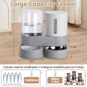 2-in-1 Gravity Pet Feeder and Water Dispenser Set – Large Capacity Stainless Steel Automatic Food and Waterer Station for Cats, Dogs, Puppies & Kittens (Grey)