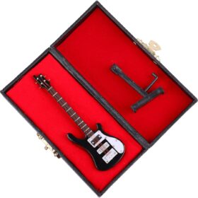 Handcrafted Wooden Miniature Electric Bass Guitar Replica with Stand & Case - Detailed Musical Instrument Model Figurine for Home Decor & Music Collectibles